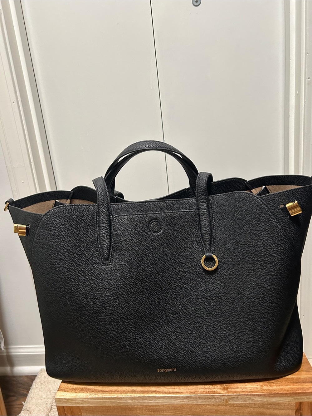 Authentic Songmont Large Yore Tote Bag| Onyx Black Leather Laptop Work Travel - Picture 5 of 15